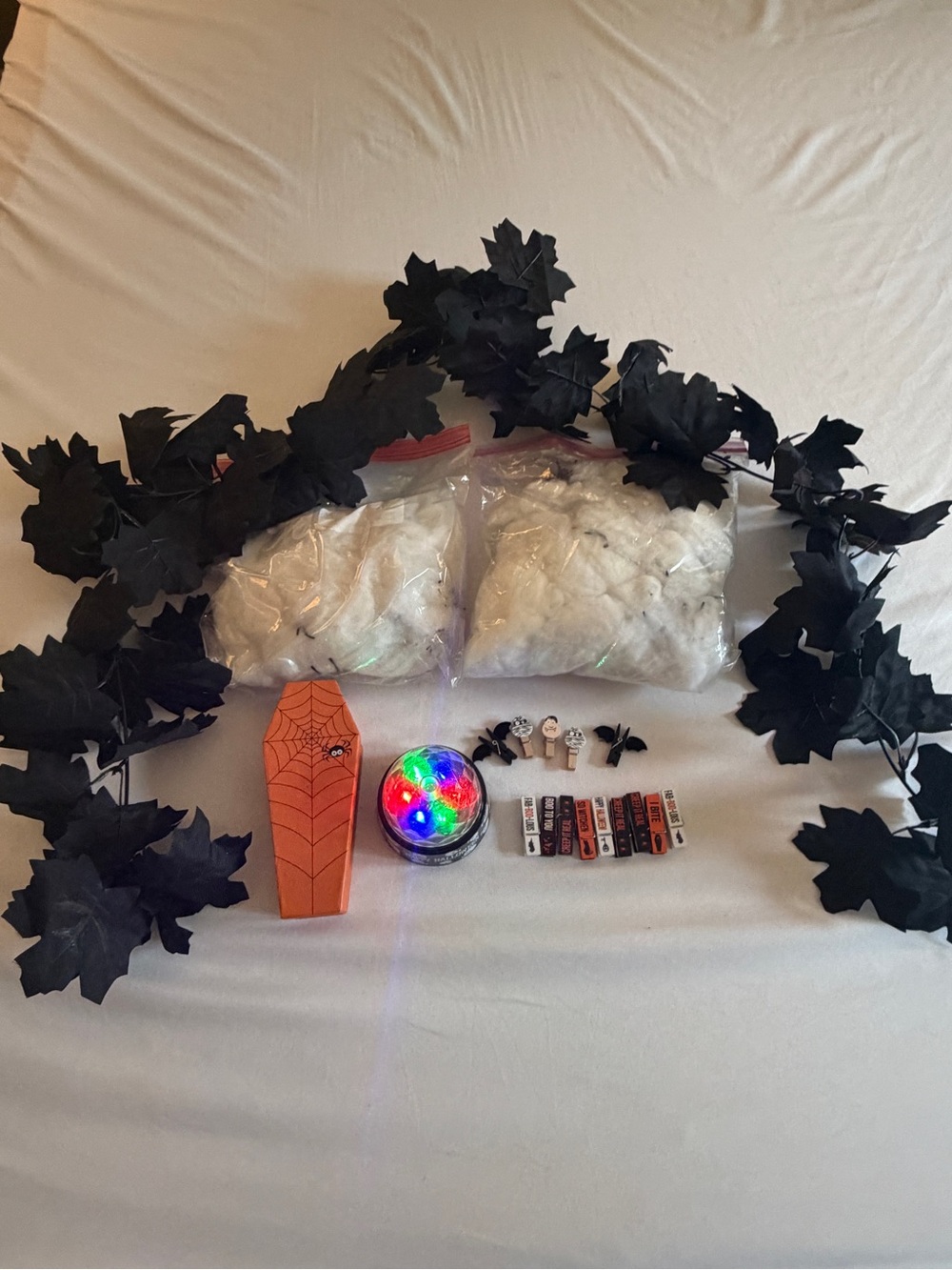 Halloween Black Leaf Garland and Spider Coffin Party Decor - Black